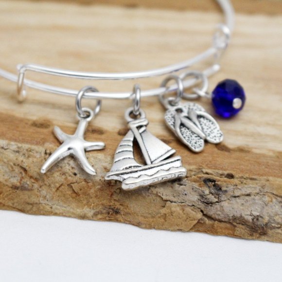 Starfish, Sailboat & Flip Flops Adjustable Charm Bangle - Handcrafted - Picture 1 of 4